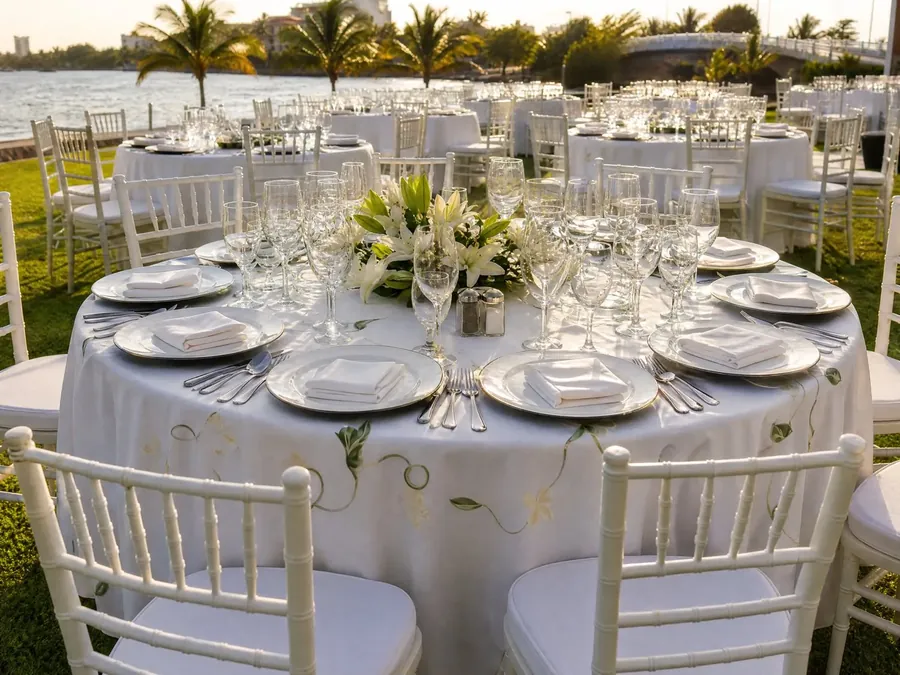 Mesa redonda de banquete con platos base plateados, copas de cristal y sillas Tiffany blancas