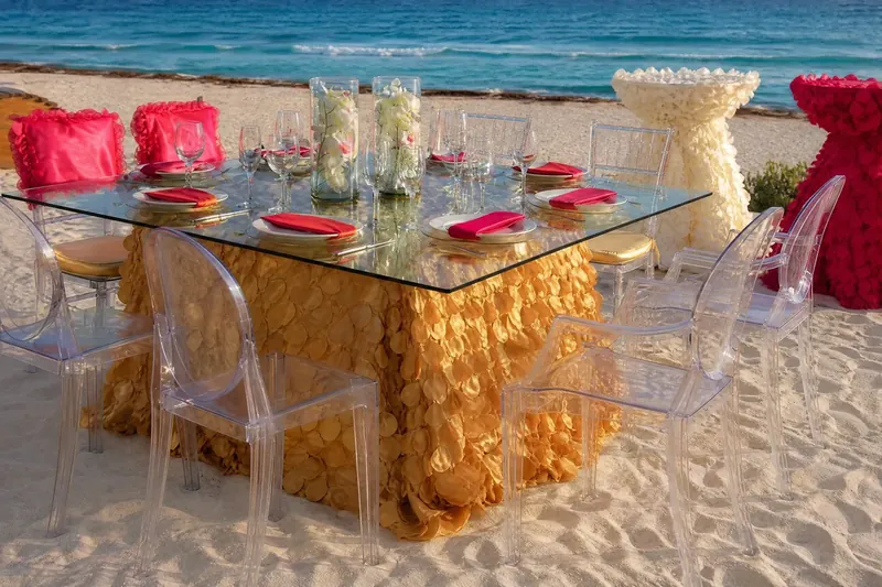 Mesa de vidrio en la playa con sillas Ghost transparentes