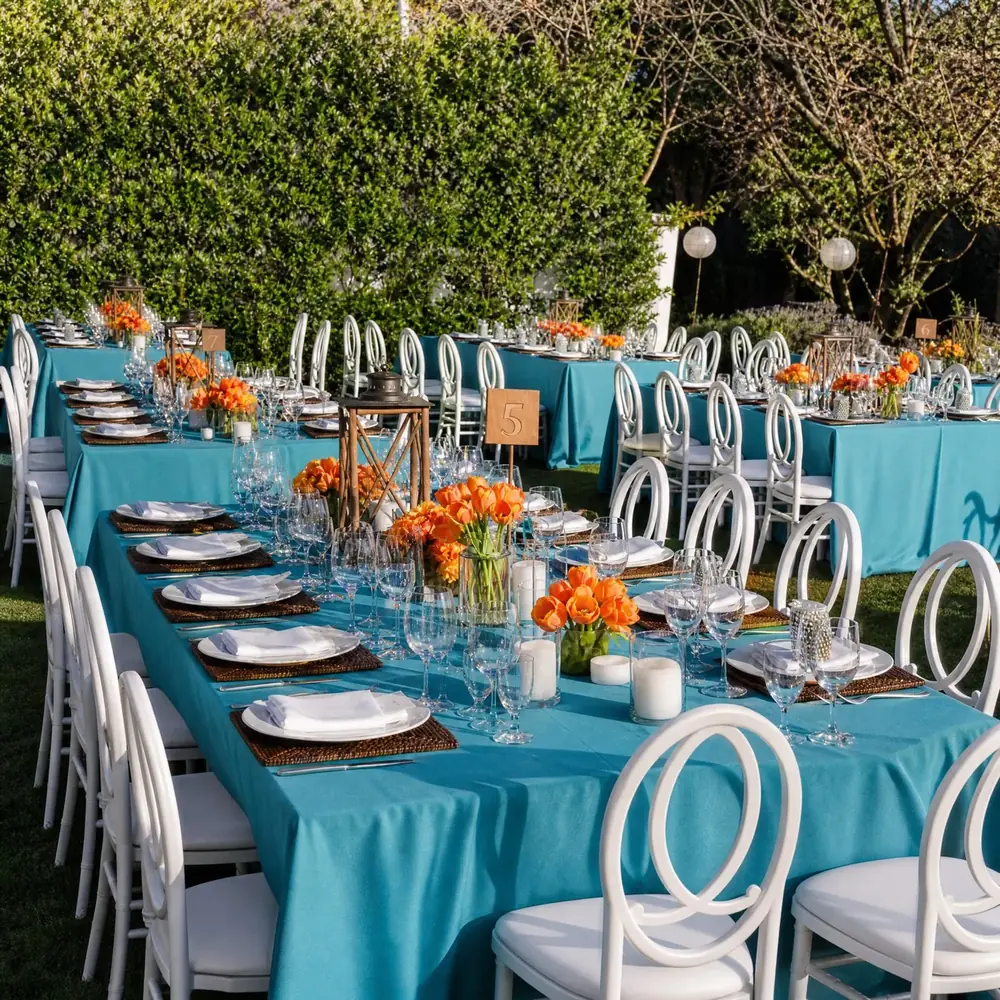 Mesas largas con mantel turquesa y sillas Phoenix blancas en jardín